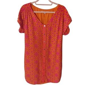 Trina Turk Size 8 Orange Pink Geometric Button Front Shift Dress‎ Short Sleeve